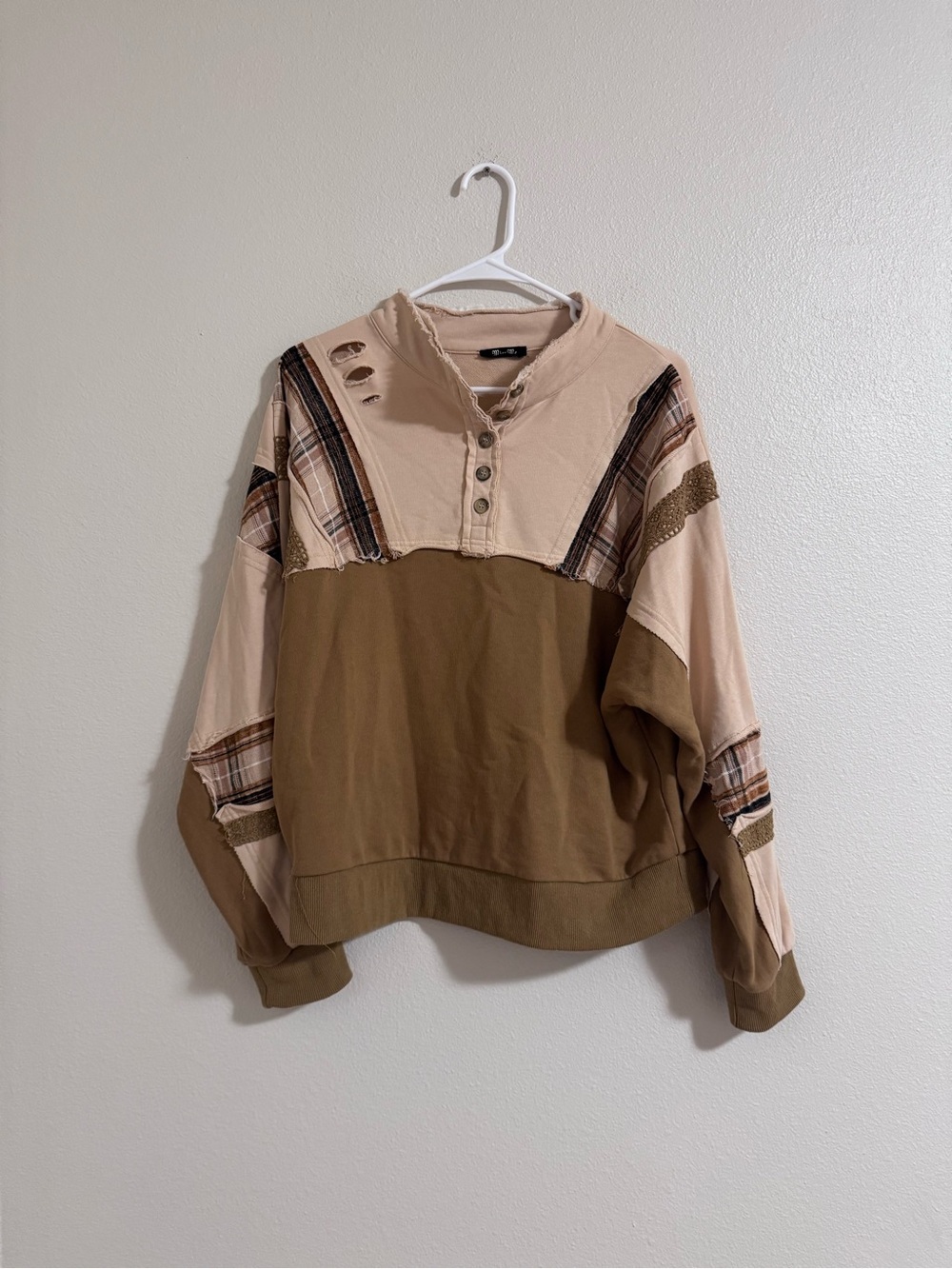 Miss Me Beige Crewneck Top with Raw-Edge Detail